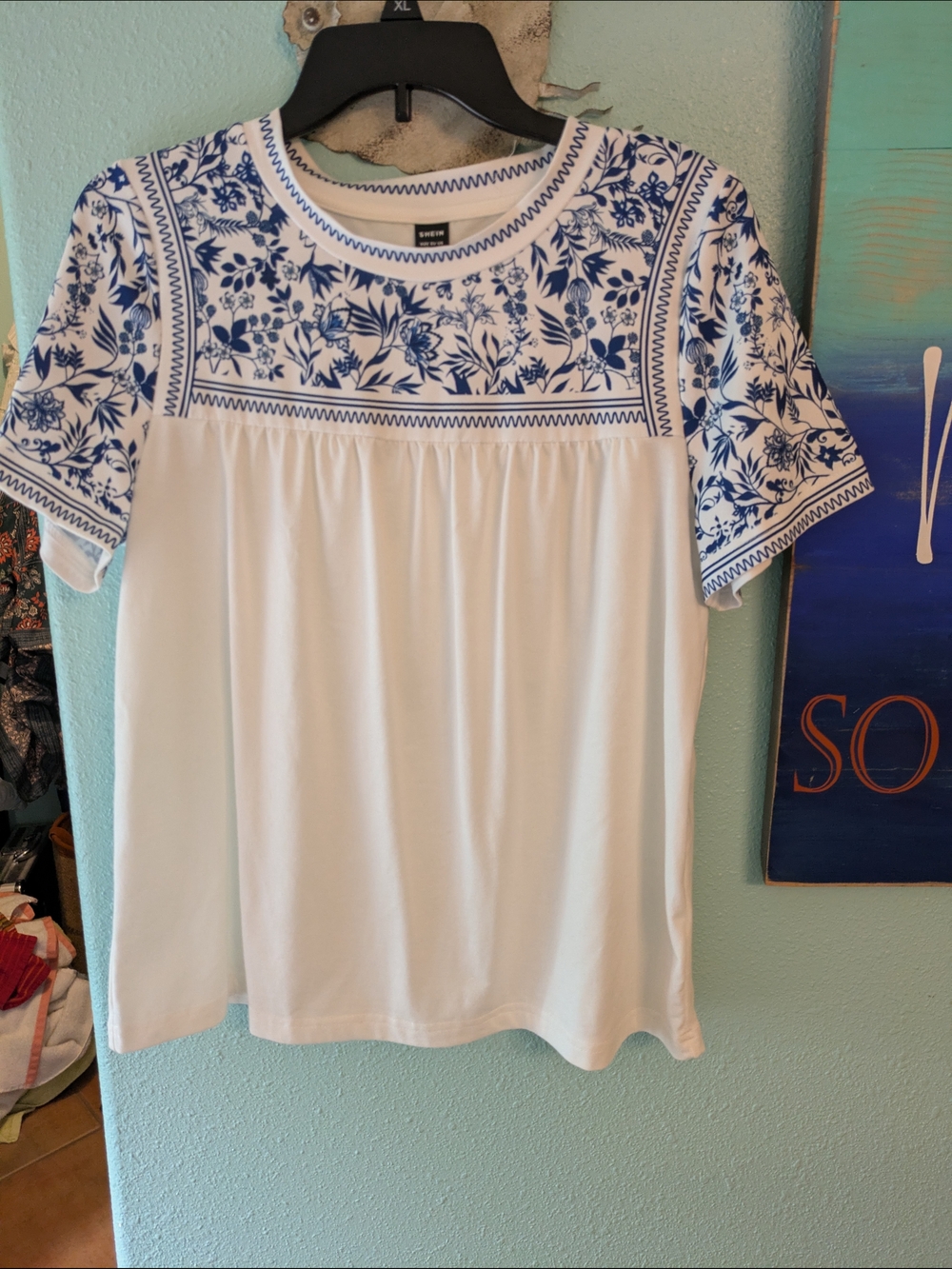 SHEIN White Short Sleeve Top with Blue Floral Yoke